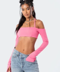 2004_pink Tops Aliyah Off Shoulder Crop Top