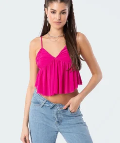 S11852_pink Tops Chloe Gathered Mesh Top