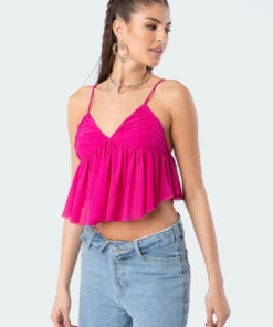 S11852_pink Tops Chloe Gathered Mesh Top