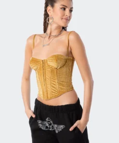 S11872_YELLOW Tops Velvet Square Corset