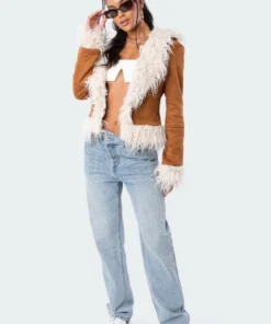 S11802_brown Faux Fur Trim Coat Jackets & Coats