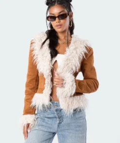 S11802_brown Faux Fur Trim Coat Jackets & Coats