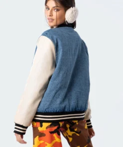 S11688_mix Pu Sleeve Denim Baseball Jacket