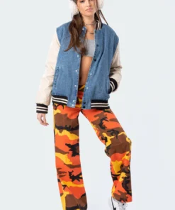 S11688_mix Pu Sleeve Denim Baseball Jacket