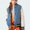 S11688_mix Pu Sleeve Denim Baseball Jacket
