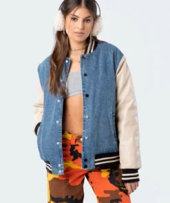 S11688_mix Pu Sleeve Denim Baseball Jacket