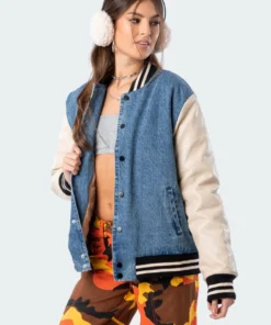 S11688_mix Pu Sleeve Denim Baseball Jacket