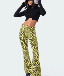 S11821_yellow Pants Trippy Check Flared Jeans