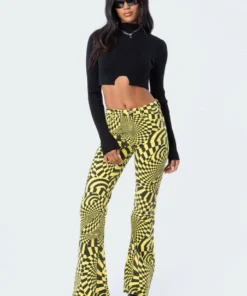 S11821_yellow Pants Trippy Check Flared Jeans