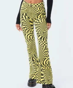 S11821_yellow Pants Trippy Check Flared Jeans
