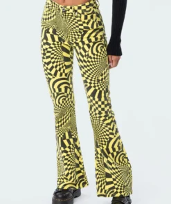 S11821_yellow Pants Trippy Check Flared Jeans