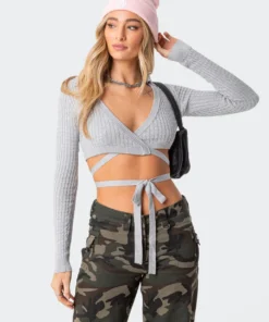 S11767_gray Elianna Knitted Wrap Top Tops