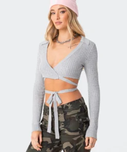 S11767_gray Elianna Knitted Wrap Top Tops