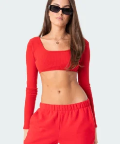 2003_red Tops Sydney Ribbed Open Back Crop Top