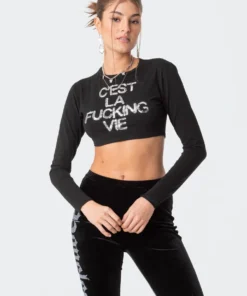 S11827_BLACK Cest La Vie Sequins Crop Top