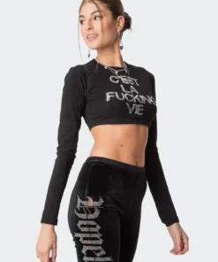 S11827_BLACK Cest La Vie Sequins Crop Top
