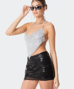 S11816_silver Tops Diamond Rhinestone Cowl Necktop