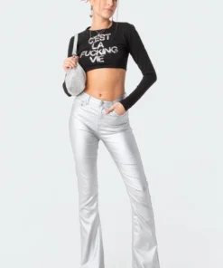 1031_silver Luna Faux Leather Flare Jeans