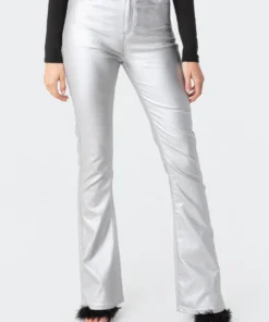 1031_silver Luna Faux Leather Flare Jeans
