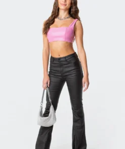 3009_pink New In Midnight Faux Leather Crop Top