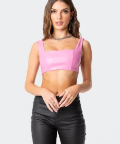 3009_pink New In Midnight Faux Leather Crop Top