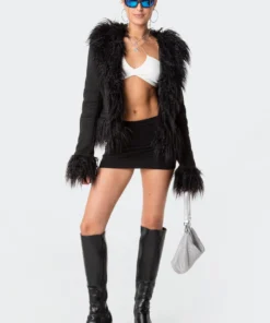 S11802_black Faux Fur Trim Coat