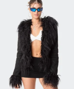 S11802_black Faux Fur Trim Coat