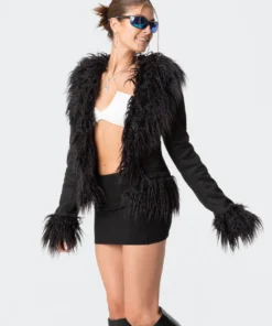 S11802_black Faux Fur Trim Coat
