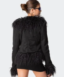 S11802_black Faux Fur Trim Coat