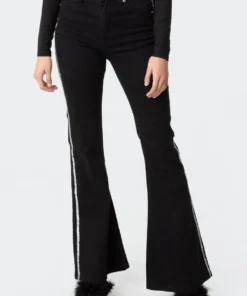 S11773_black Silver Stripe Flared Jeans Pants