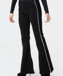 S11773_black Silver Stripe Flared Jeans Pants