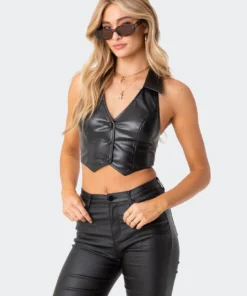 S11791_BLACK Pu Open-Back Vest Top Tops