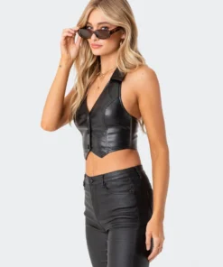 S11791_BLACK Pu Open-Back Vest Top Tops