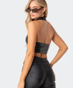 S11791_BLACK Pu Open-Back Vest Top Tops