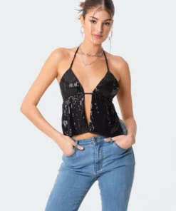 S11836_black Estelle Open-Back Sequin Top New In