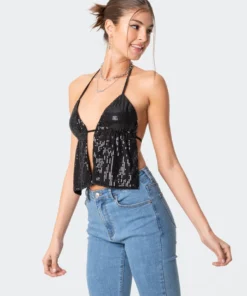 S11836_black Estelle Open-Back Sequin Top New In