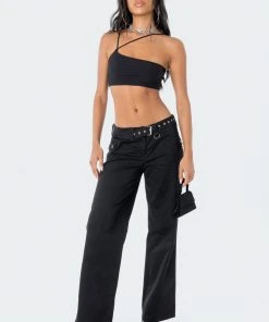 S11959_BLACK Asymmetric Ribbed Crop Top