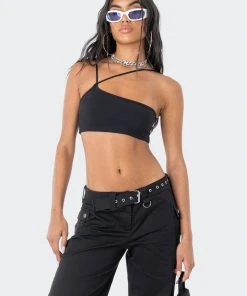 S11959_BLACK Asymmetric Ribbed Crop Top