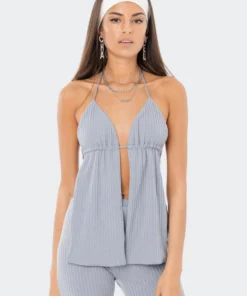 S11957_BLUE Claire Ribbed Open-Back Top New In