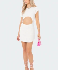 S11987_CREAM Fuzzy Knitted Cut-Out Dress Dresses