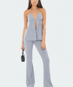 S11958_BLUE Living Dolls Claire Ribbed Flared Pants