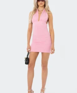 S11983_PINK Cassie Gathered Halter Dress