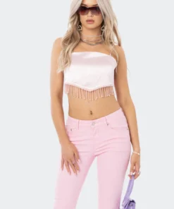 S11974_PINK Beaded Satin Open-Back Top New In