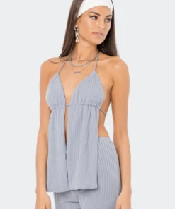 S11957_BLUE Claire Ribbed Open-Back Top New In
