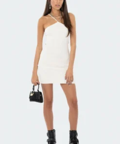 S11970_CREAM Knitted Asymmetrical Mini Dress New In