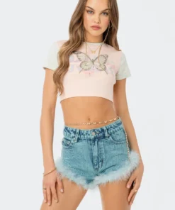 S12157_BLUE Whitney Feather Trimmed Denim Shorts Babe Fest