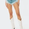 S12157_BLUE Whitney Feather Trimmed Denim Shorts Babe Fest