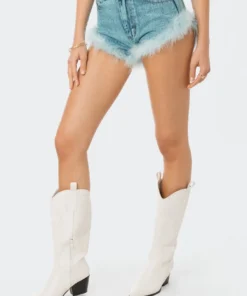 S12157_BLUE Whitney Feather Trimmed Denim Shorts Babe Fest