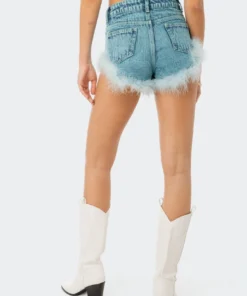 S12157_BLUE Whitney Feather Trimmed Denim Shorts Babe Fest