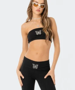 S12200_black New In Rhinestone Butterfly Tube Top